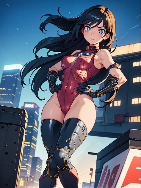 1girl, medium breasts, leotard, bare legs, gloves, boots, superhero, standing, hands on hip, city backdrop, powering up, glow, (beautiful detailed eyes:1.6), (perfect hands, perfect anatomy)