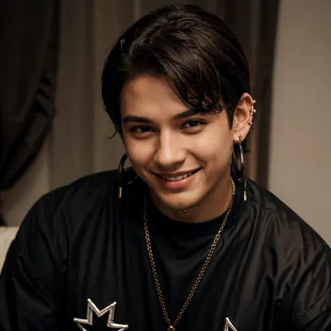 Boy smiling with black drip clothes and ear rings