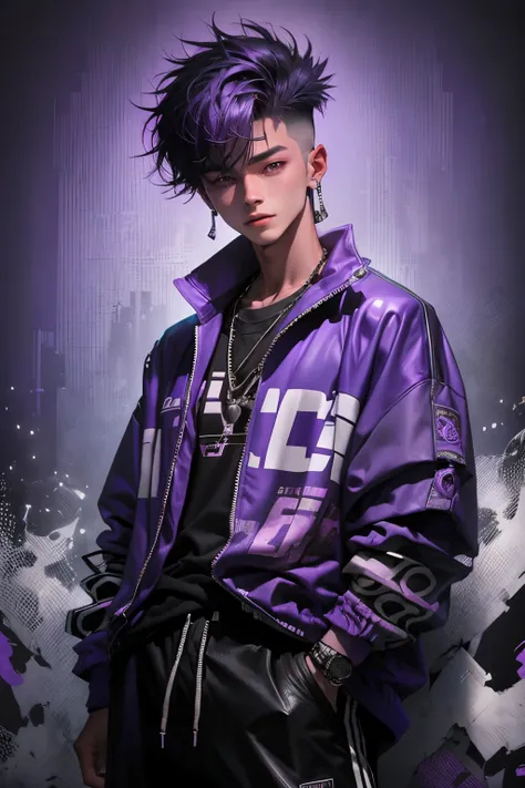 kpop young age boy with fade cut dark purple, attractive open purple jacket with dark blue shirts, smile, attractive, casino background, popstar, He has a normal Putt Putt Troll appearance overall, vaca island casino background, 80s and 90s "surfer dude" o...