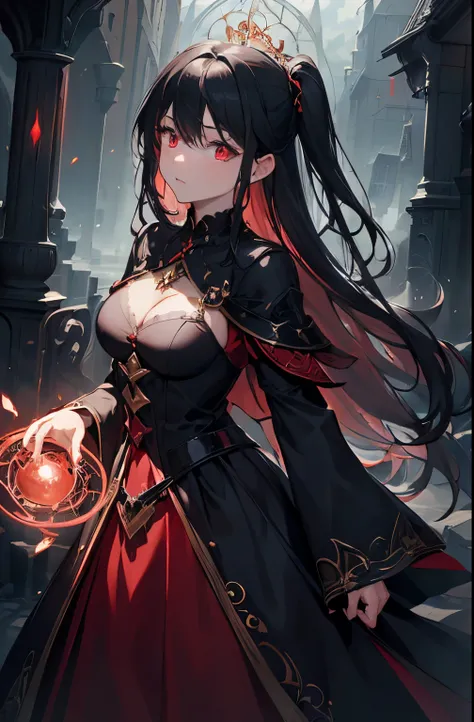 (masterpiece, flawless quality:1.2, anime style, detailed magic, dark magic, black magic, red magic), 1girl, stoic, monotonic, red eyes, red mage dress, witch, monotonic, dark mage, cowboy shot, young, flat bust, goth, loli, black hair, pig tails, dark bac...