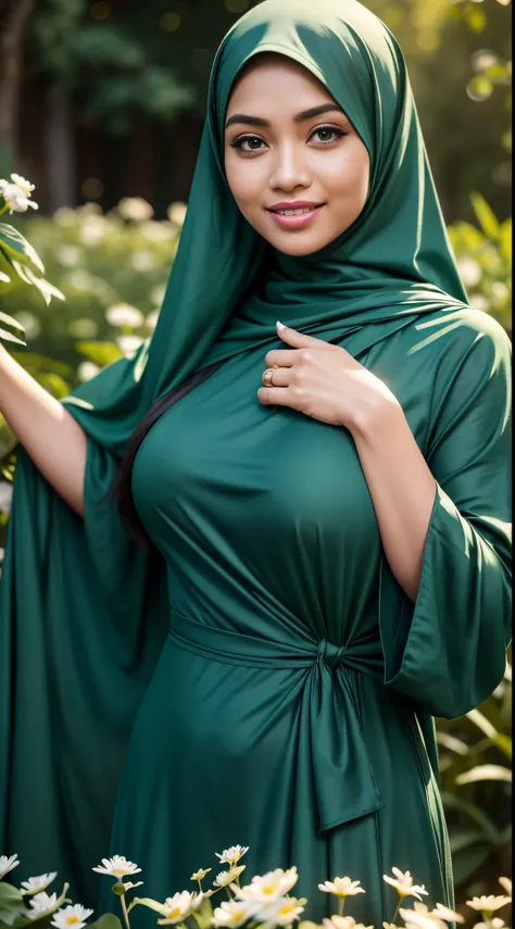 RAW, Best quality, high resolution, work: 1.3, beautiful Malay woman in hijab, beautiful big eyes, smiling, beautiful face, shiny lips, soft smile, medium portrait, watery eyes, big breasts, woman in green dress posing seductively and sexy in front of the ...