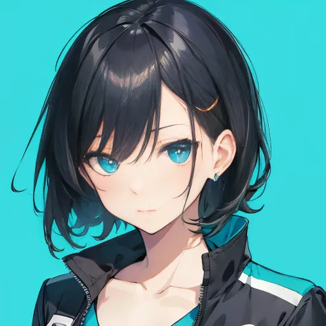 (masutepiece:1.2, best quality),  [girl, manteau, expressioness, turquoise eyes, front facing, jet-black hair, jacket comes off,...