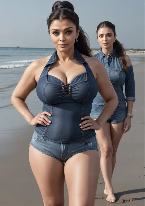 50 year old mature ((Mothers I would Like to )) Aishwarya Rai, denim micro shorts, ((exposing thighs)), knee high boots, deep cleavage show, ((high ponytail hair)), curvaceous athletic milf body, hourglass milf figure, ((perfect breasts)), seducing pose, p...