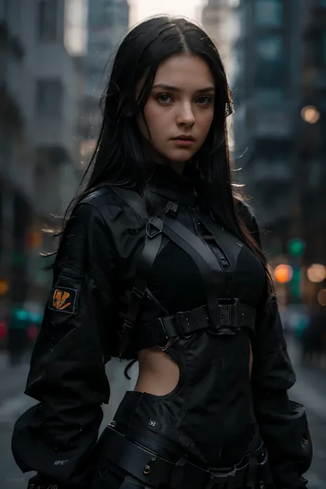 photorealistic:1.4, masterpiece, best quality, solo, Detailed face:1.2, perfectly proportions, photos realistic, ,Photo of mature Ukraine college girl, raw , long black hair,  techwear, blurry background, eye focus, cowboy shot, huge city background, facin...