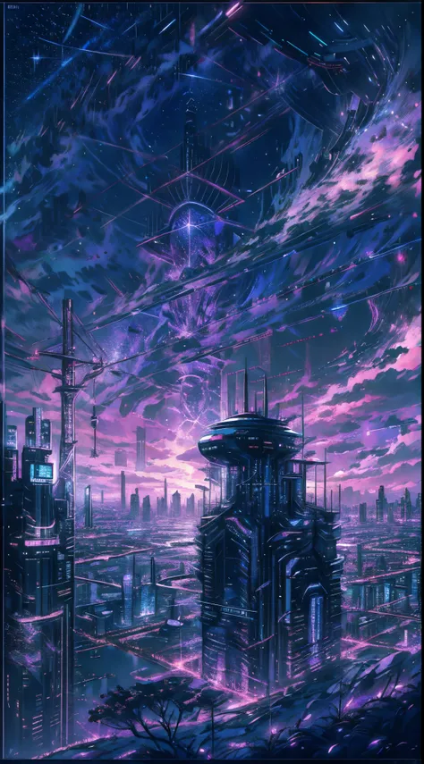 starry sky with the constellations of the zodiac, shades of purple as if they were nebulae, vast space, cyberpunk city at the bottom,