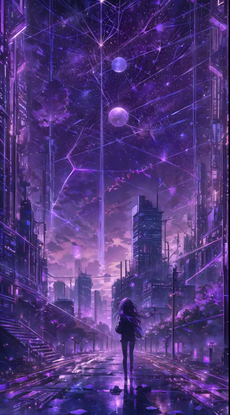 starry sky with the constellations of the zodiac, shades of purple as if they were nebulae, vast space, cyberpunk city at the bo...