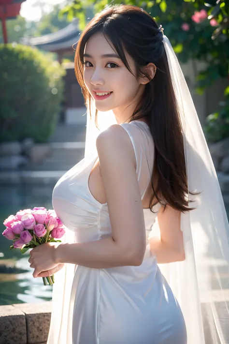 1 girl, Front view, japanes, Facial and body details are very rich, Cute big breasts, Goddess of beauty, 8K, hyper realisitc, tmasterpiece, Skin glows, Smiling, Good mood, Silk white queen dress, ssee-through:1.3, through a very thin veil,  Blooming flower...