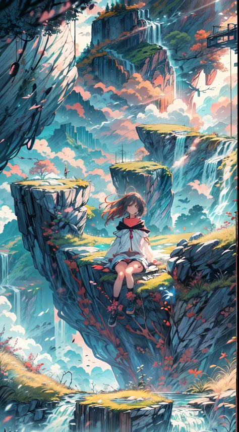 A girl sitting on a floating rock stage in the sky, with the focus on the scenery behind her. The image is of the highest quality, in 4k resolution, with breathtaking details. The art style should have an anime influence, capturing the enchanting atmospher...