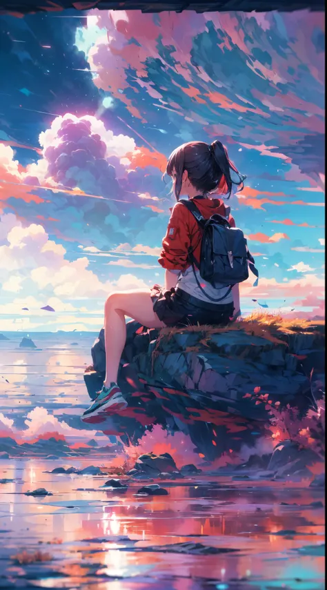 (best quality,4k,highres:1.2),from behind,focus on the scenery,anime,girl sitting on floating rock stage in the sky,sunshine,colorful cloud sea,mesmerizing atmosphere,ambient lighting,red and purple sky