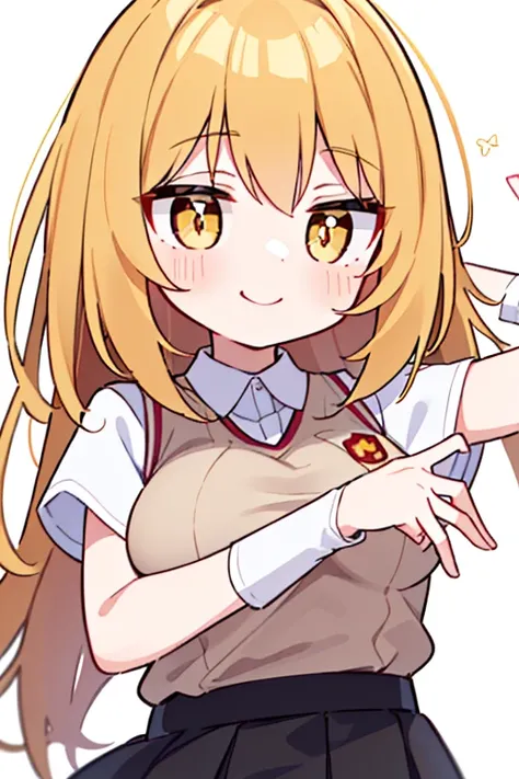 Misaki Shokuhou, Misaki Shokuhou, Blonde hair, hair between eye, Long hair, (symbol-shaped pupils:1.5), (Yellow eyes:1.5), Break Elbow Gloves, (Light brown sweater vest:1.2), White shirt, (Black bra), Pleated skirt, Miniskirt, (Best Quality, 8K, 32K, masut...