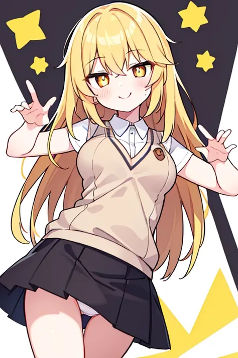 Misaki Shokuhou, Misaki Shokuhou, Blonde hair, hair between eye, Long hair, (symbol-shaped pupils:1.5), (Yellow eyes:1.5), Break Elbow Gloves, (Light brown sweater vest:1.2), White shirt, (Black bra), Pleated skirt, Miniskirt, (Best Quality, 8K, 32K, masut...