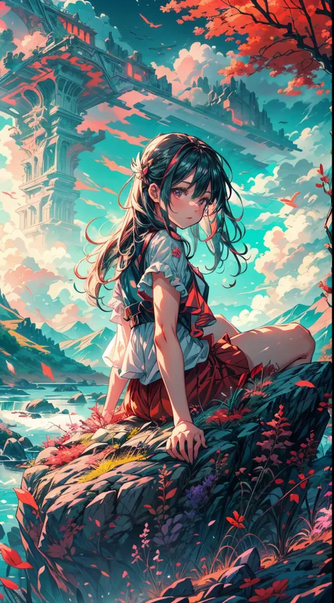 A girl sitting on a floating rock stage in the sky, with the focus on the scenery behind her. The image is of the highest quality, in 4k resolution, with breathtaking details. The art style should have an anime influence, capturing the enchanting atmospher...