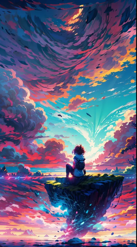 (best quality,4k,highres),from behind, focus on the scenery anime,girl sitting on floating rock stage in the sky,sunshine,colorful cloud sea,mesmerizing atmosphere,ambient lighting,red and purple sky