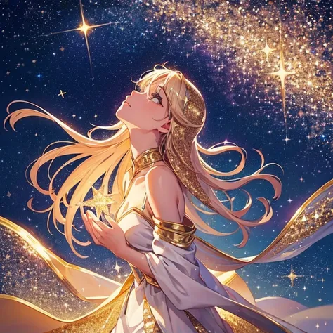 (Glitter: 1.5), Solo, One girl, Body wrapped in lights, Christ Mary, Illumination, Glitter, Looking up, Aerial shot, Starry sky, Overlook, Shooting star, Beautiful sky, Octance, Realistic light and shadow, (very delicate) and beautiful art) 1.3, elegant,