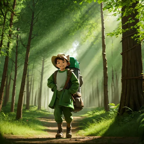 Pixar image Bob in green clothes on the right, Bob in white clothes on the left The background is grass and the back side is forest