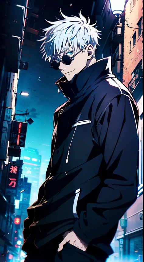 destroyed, 1guy, self, epic composition, city street, Japan, deserted street, the night, flashing in the background, Red and blue color, (tmasterpiece, beste-Qualit: 1.2), male focus, 1boy, Gojo Satoru, round eyewear, Sunglasses, hands in pocket, blindfo...