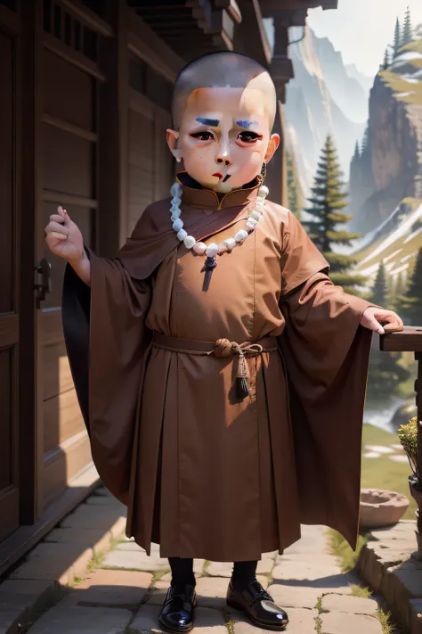 The little monk wears a loose brown monk cassock，Deep mountains and old forests，WeChat，With Buddhist beads，One guy