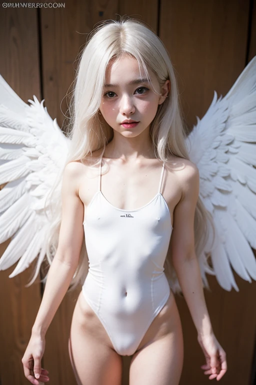 cute face
white armor
tiny white suit that barely covers the tits and the ass
the suit just covers the nipples and the vagina
big angel wings
long hair
white hair
tiny body
petite 
russian 
pale skin
skinny
flat chest