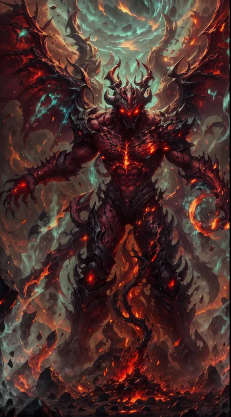 a red skin humanoid demon came from hell, red scale in some of its body, several horns on its head create a crown, glowing red e...