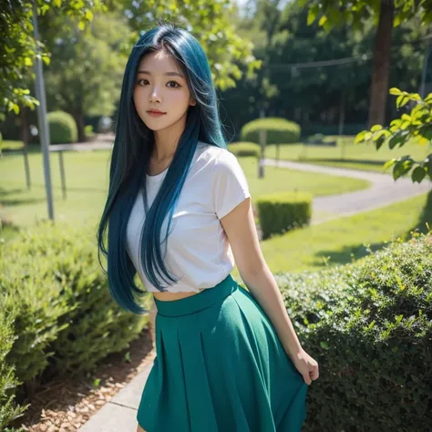 blue long hair，green skirt