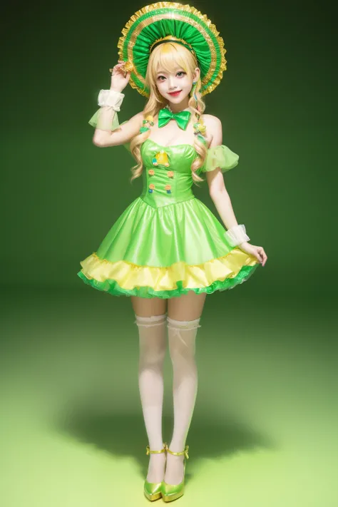 female idol、、Shiny green clown fashion（gold）、Clown hat、Light blonde hair、full body Esbian