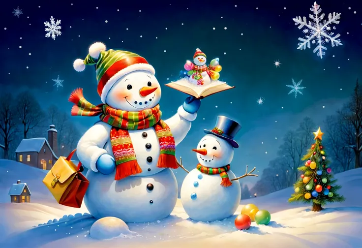 (Faraway view: 1.8), christmas，(Cute Christmas snowman holding a book and bag of candy, Pour the snowflakes into a bowl，Robin stands on the snowman&#39;s head)，Christmas elements，illustratio, Childrens book illustration, inspired by Doug Ohlson, Add detail...