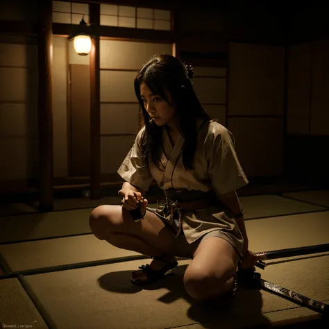 Japanese samurai girl, on one knee in the dark,   left knee touch to ground, spot light, Japanese sword