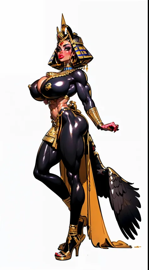 ((side profile)), ((full body view:1.4)), ((masterpiece)),(((best quality))), ((egyptian empress, mature face)), ((middle eastern eyes:1.4)), ((Vulture crown:1.4)), (((septum piercing)), defined cheekbones, high cheekbones, illustration, ((muscular:1.3)), ...