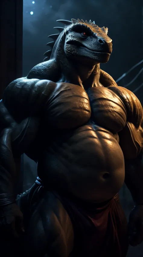 A lizard man,  strong beefy upper body, muscular, musclegut, illustration, (best quality, 4k, highres, masterpiece:1.2), ultra-detailed, realistic, horror, sharp focus, vivid colors, nighttime lighting, motion lines.