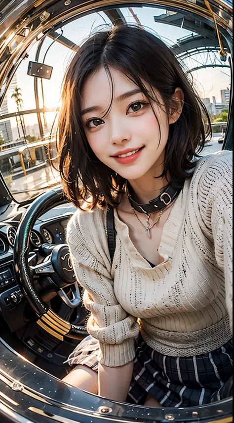 1girl in, ((Fisheye, Selfie)), Wind, hair messy, Sunset, Cityscape, (Aesthetics and atmosphere:1.2),Beautiful woman smiling、8K、An ultra-high picture quality、japanes、1 woman around 20 years old、French Bob Hair、Smiling、((smile with white teeth))、