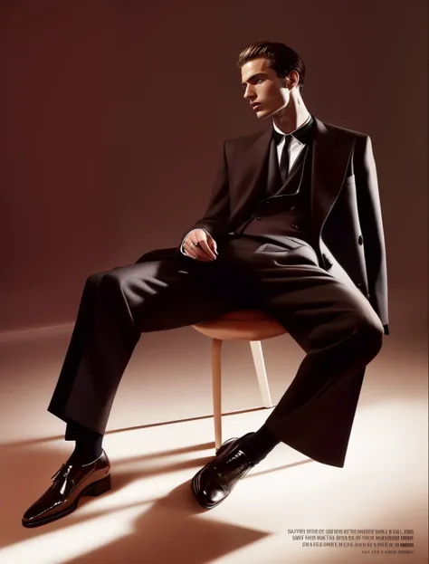 arafed man in a suit sitting on a chair in a studio, vman magazine, official jil sander editorial, masculine appeal high fashion, for gq, editorial model, editorial photograph, official vogue editorial, official vuitton editorial, androgyny, official valen...