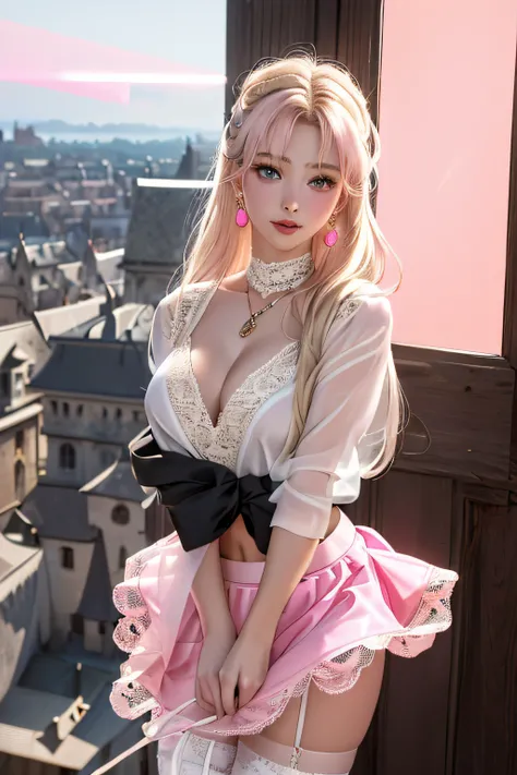 (Girl standing on the balcony of an old castle), Necklace, earrings, Full-body V6, Long gray hair, Translucent clothes,, breasts of medium size,, Ultra high definition, Unripe, Realism 1.25), (Bright lip gloss, long eyelashes, Smooth) Face, Light Bright, n...