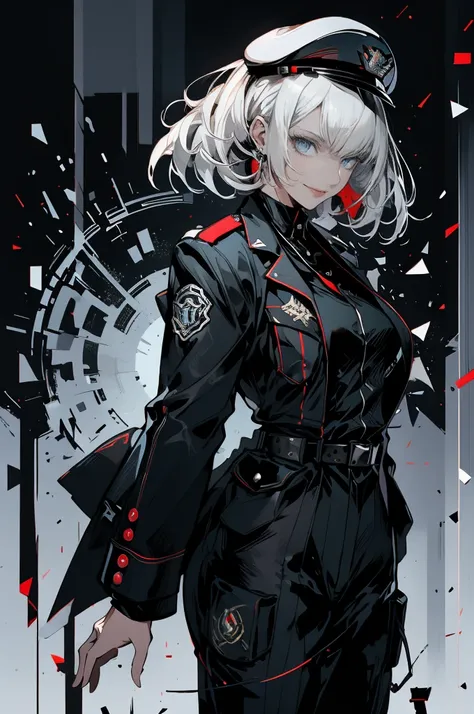 (masterpiece, best quality), white hair, looking at viewer, blue eyes, Sci-fi imagery, military uniforms, military cap, police-like organizational uniforms, combat-friendly attire, futuristic, functional, female commanders, 20 years old, smile, jewelry, ea...