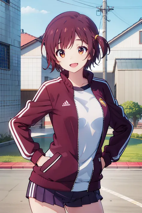 (best quality), absurdres, highres, ayaka_tachibana_imocho, short_hair, brown_hair, brown_eyes, one_side_up, large breasts, track_jacket, hands on hip, laughing, schoolyard background