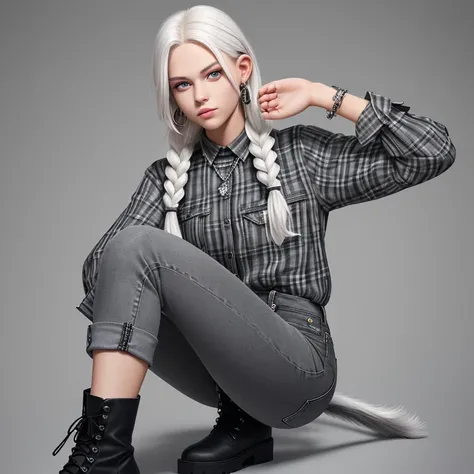 portraite of a. Tall European girl 23 years old with a toned physique. white colored hair, braided into a tail and closes one eye, and gray eyes. Black Top, dark gray jeans and high boots, Grey plaid shirt. Silver elements and jewelry