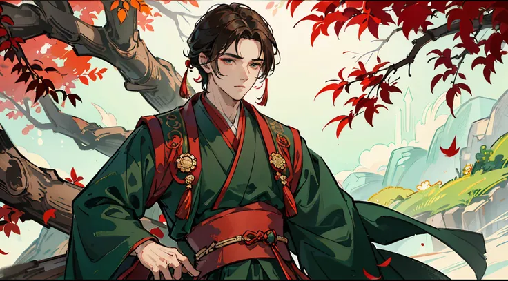 ​masterpiece，Need，a handsome young man，Short brunette hair，Wearing dark green Hanfu，Delicate face，Handsome face and smooth fair skin，Handsome guy in ancient China，Under a tree with red leaves。