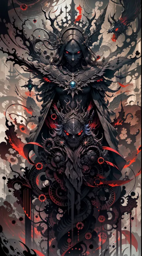 Explosive, otherworldly painting of a shape-shifting deity adorned with chaotic post apocalypse dark fantasy motifs and omnipresent, piercing eyes, a breathtaking amalgamation of fine art and captivating photo collage, mesmerizing poster design:: their app...