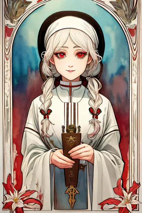 SFW,masutepiece, Best Quality, High resolution, 1girl, upper body, Details , detail hands, Detail fingers, Detail Face, detail legs, watercolor paiting, in graveyard, white hair, pigtails, wavy hair, white clothes, red eyes, skull, bone, (art nouveau:1.25)...