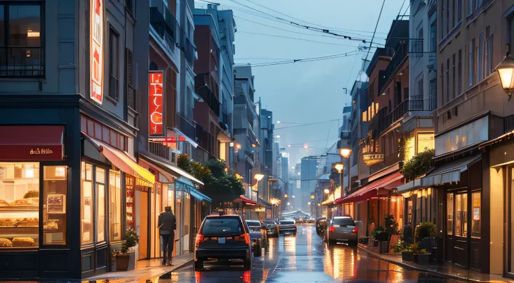 in the evening, on American street, nobody and no cars, it is raining, some construction at one end of the road, there is a bakery and a coffee shops, as well as a flower shop, great detail, high resolution, tall building as far away from here