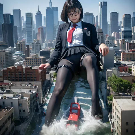 Multiple girls, giantess art, a hyperrealistic schoolgirl, , highly detailed giantess shot, der riese, Shorthair, Black pantyhose, Giant high school girl much bigger than a skyscraper。Wearing rimless glasses。Colossal tits。Navy blue blazer、Red tie、Mini Leng...