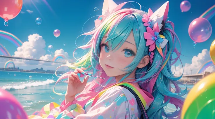 Masterpiece designs by the worlds top AI artists, top-quality, 8K, High image quality, (Paint splashes)，Colorful ，Glow Color，girl with，sprawl、(full body Esbian)，Look at the camera，Glass-like outfits，Sleeves glow，large round eyes，cute little，The sky is wide...