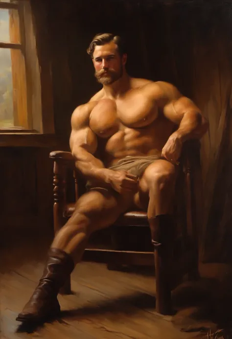 oil painting of a naked handsome muscular bodybuilder male inside a 1 9 0 0 s cabin, sans clothing, with big  and big butt, lying on a chair spreading his legs, toned big body, perfect composition, exposed naked body, kind face, beard, riqué, procovative p...