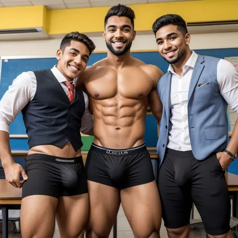 3 maestros guapos negros, musculosos, solo usan boxers, with a very large, very long erect bulge in the crotch, que esten sonriendo. Usando elementos maestros. Y dando clase en una escuela, con alumnos alrededor.