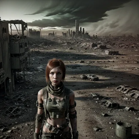 (((Post apocalyptic scenario, Desolate atmosphere, Dystopian landscape))) Postmodern wasteland punk style singer