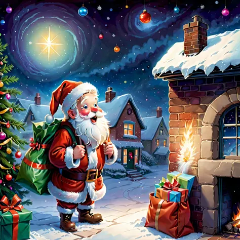 (Faraway view: 1.8), christmas，(Cute Santa Claus holding list and bag of gifts, Trying to climb into the chimney，robin standing on head)，Christmas elements，illustratio, Childrens book illustration, inspired by Doug Ohlson, Add details, sugar snow, backpack...