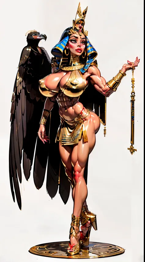 ((side profile)), ((full body view:1.4)), ((masterpiece)),(((best quality))), ((egyptian empress, mature face)), ((middle eastern eyes:1.4)), ((Vulture crown:1.4)), (((septum piercing)), defined cheekbones, high cheekbones, illustration, ((muscular:1.3)), ...