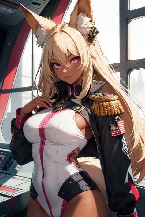 ((best quality)), ((masterpiece)), (detailed), perfect face, woman, fox ears fox tail, blonde hair, pink eyes, commander, smug ,  dark tan skin. in spaceship by window, luscious hair , right shoulder pauldron, stylized military uniform jacket