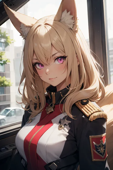 ((best quality)), ((masterpiece)), (detailed), perfect face, woman, fox ears fox tail, blonde hair, pink eyes, commander, smug ,  dark tan skin. in spaceship by window, luscious hair , right shoulder pauldron, stylized military uniform jacket