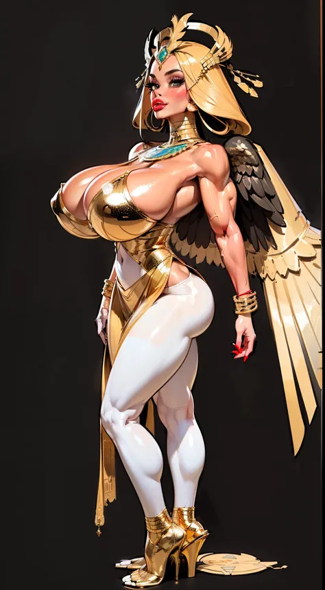 ((side profile)), ((full body view:1.4)), ((masterpiece)),(((best quality))), ((egyptian empress, mature face)), ((middle eastern eyes:1.4)), ((Vulture crown:1.4)), (((septum piercing)), defined cheekbones, high cheekbones, illustration, ((muscular:1.3)), ...