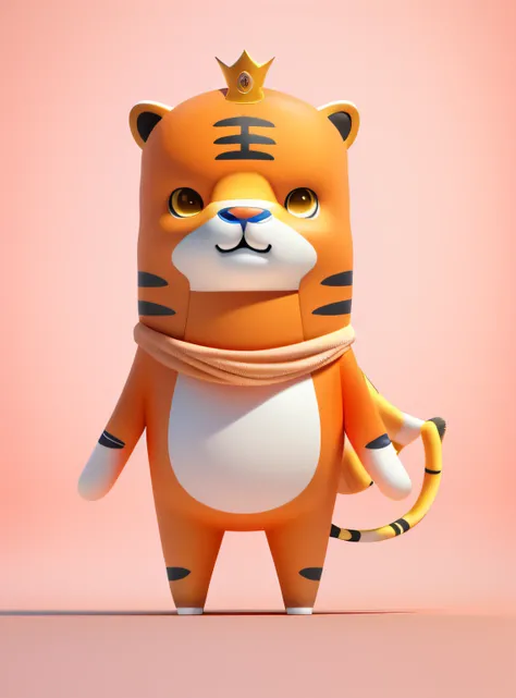 Tigre，On his head he wears a crown，A scarf was wrapped around his neck, anthropomorphic tiger, Mascot illustration, japanese mascot, full body mascot, 3D model of a Japanese mascot, sports team mascot, tony tiger, one tiger, ((Tigre)), sports mascot, Tigre...